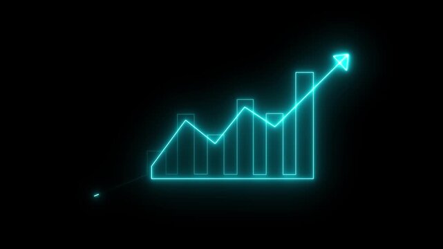 Glowing neon Business growth concept in graph chart showing marketing sales profit increasing to future target. business graph success animation arrow on black background.