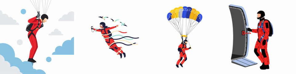 Flat Vector Illustrations of Skydivers in Action Showing Different Stages from Jumping Out of an Airplane to Parachuting Down to Earth © Abu