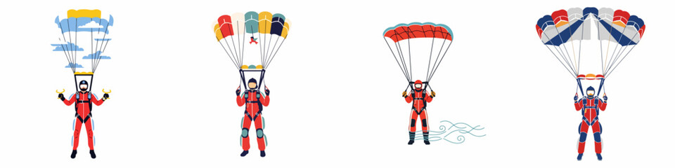 Flat Illustration Set of Skydivers Descending with Colorful Parachutes on White Background © Abu