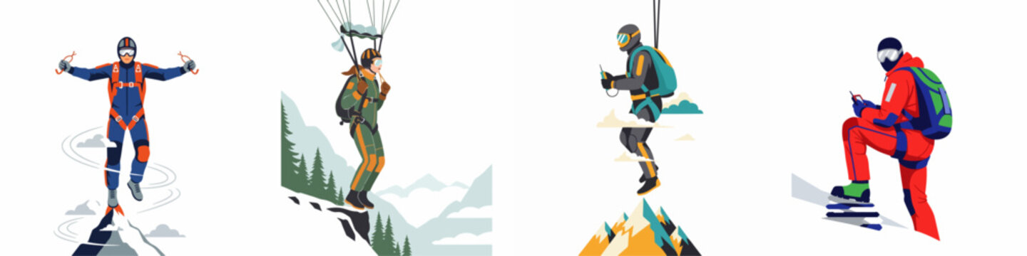 Collection of flat illustrations depicting skydiving, paragliding, and extreme mountain sports with people in gear jumping over snowy peaks.