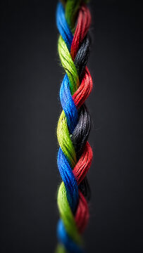 Vertical braided multicolor cord with blue green red and black fibers isolated against dark studio surface with shallow depth effect