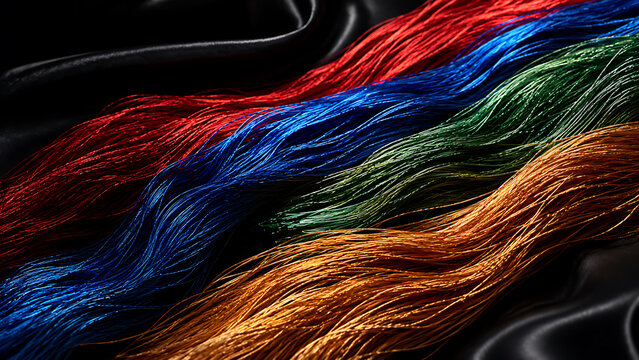 Glossy colorful fiber strands in red blue green and gold flowing diagonally across black silk fabric with elegant dramatic lighting