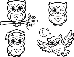Fototapeta premium Cute Owl Coloring Page Collection Vector Set with Flying Winking Graduation and Perched Owls Simple Outline Illustrations for Kids