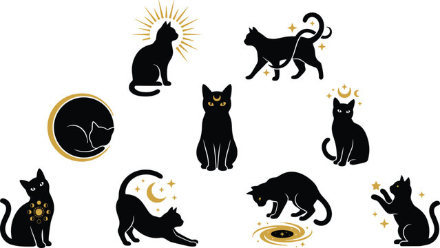 Mystical Black Cat Silhouette Collection Featuring Moon Magic Celestial Witchcraft and Enchanted Feline Poses Isolated Halloween Vector Illustration Set