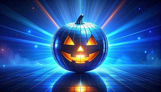Pixelated jack-o-lantern glowing with orange light against a futuristic blue digital grid background, digital art, halloween concept