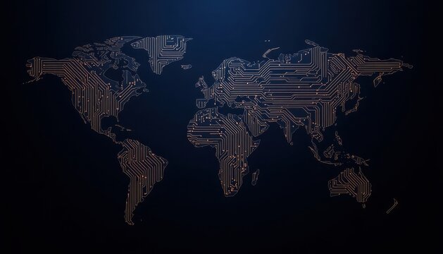 World map composed of electronic circuit board patterns for technology concepts with technology electronics computer connectivity hardware information communication infrastructure engineering