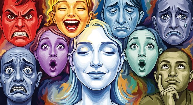 Colorful Expressive Human Faces Showing Emotions in Abstract Illustration
