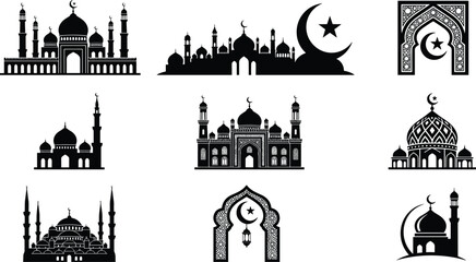 Ramadan Kareem and Eid Mubarak celebration graphic assets pack with arabesque arch windows and majestic minaret dome illustrations © MSTNAJMA