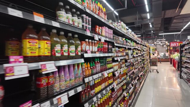 Tracking Shot Through a Modern Asian Supermarket Grocery Aisle