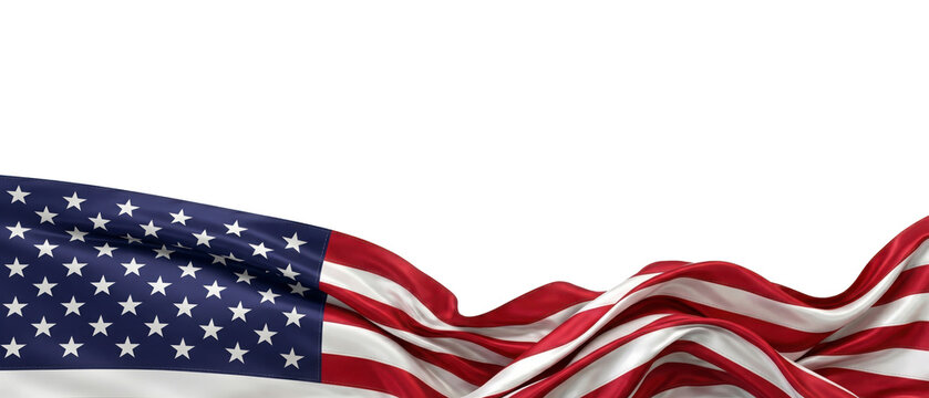 Waving american flag fabric banner with soft folds and stars isolated on transparent background for patriotic design elements with blue colors white stars against empty space PNG
