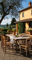 Obraz premium Rustic Outdoor Dining Table Set on Sunny Tuscan Villa Patio