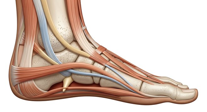 Detailed Human Foot Anatomy Illustration Showing Muscles Tendons and Bones on White Background