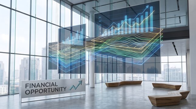 Digital glowing financial charts showing market growth trends displayed on large glass screens inside a modern bright corporate office lobby