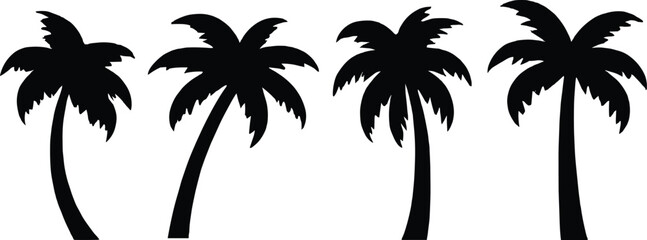 Four black silhouettes of palm trees with fronds on white background tropical nature © MdMirajul