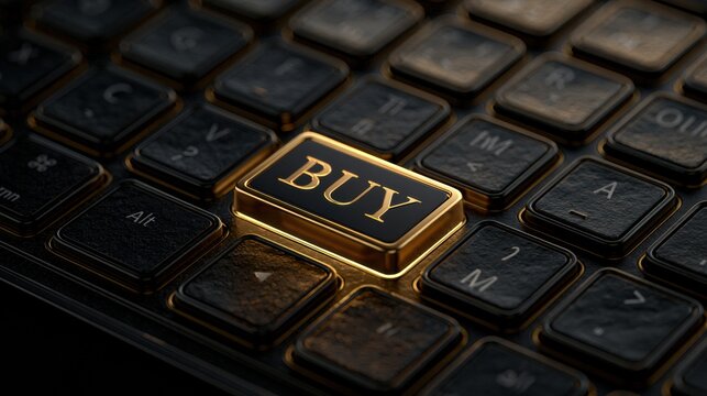 Black keyboard features one golden glowing buy key, emphasizing the theme of online shopping with strong lighting effects.