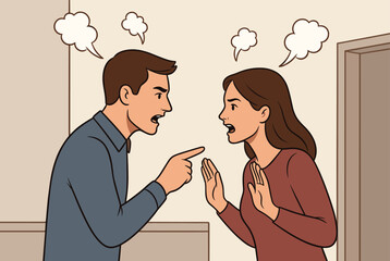 Fototapeta premium Angry man and woman shouting at each other with visible steam icons to represent a heated domestic argument or conflict.