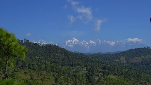 Panoramic landscape of the sacred Panchachuli mountain range rising over the lush pine forests of Kumaon, Uttarakhand
