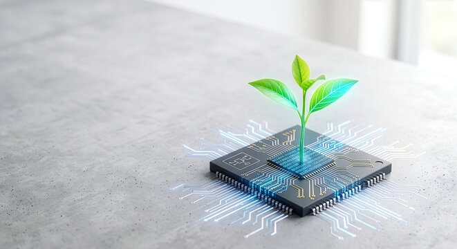 電子回路の半導体チップから成長する緑の若葉。グリーンテクノロジー、環境に優しいIT、脱炭素、GX、サステナブルな未来のイノベーションを表現した3Dグラフィック素材