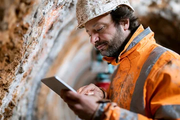 Worker in hard hat checks tablet inside tunnel. Focused expression suggests technical inspection or planning. Orange jacket and rugged gear indicate fieldwork environment. Ideal for construction © lashkhidzetim