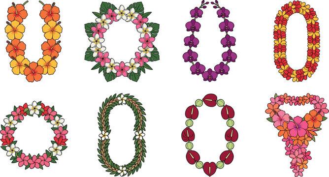 Hawaiian Lei and Tropical Flower Garland Icon Set with Colorful Hibiscus Orchid Frangipani and Plumeria Wreaths Vector Illustration