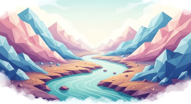 A stylized illustration features a river winding through pastel-colored, angular mountains
