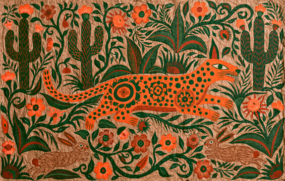 Traditional Mexican Amate bark painting illustration of a jaguar and desert wildlife