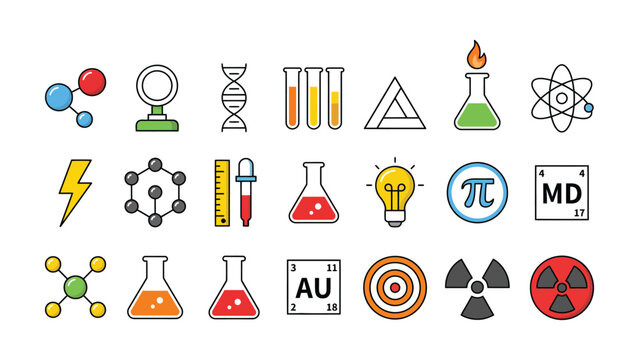 science doodle icon illustrations featuring chemistry equipment, biology symbols, math signs, learning tools, and hand drawn vector designs for education.