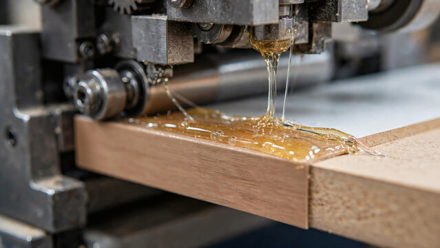 Edge banding machine applying adhesive to wood panel
