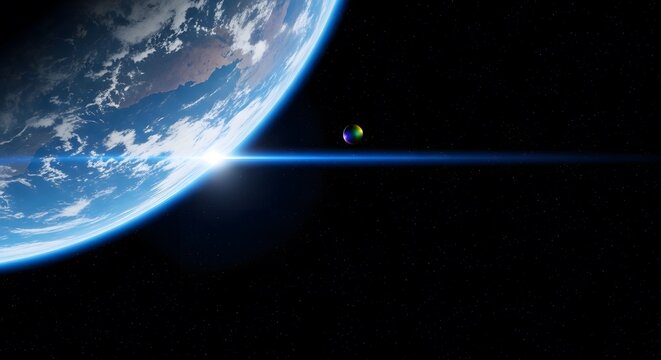 Earth from space with a small planet in the distance