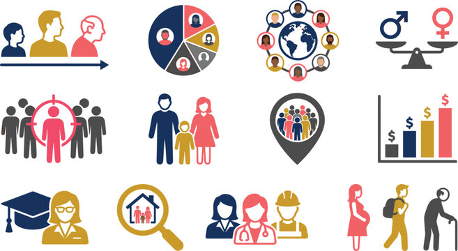 Demographics and target consumer statistics icon set with global population family life cycle gender equality and market segmentation