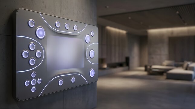 Futuristic smart home control panel mounted on a wall in a luxury room
