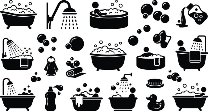 Collection of personal care and wellness icons showing people taking hot foam baths washing hair and showering vectors