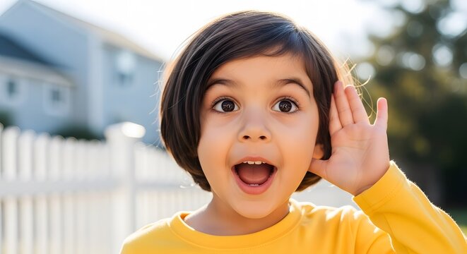 A young child cupping their ear to hear better with a surprised expression