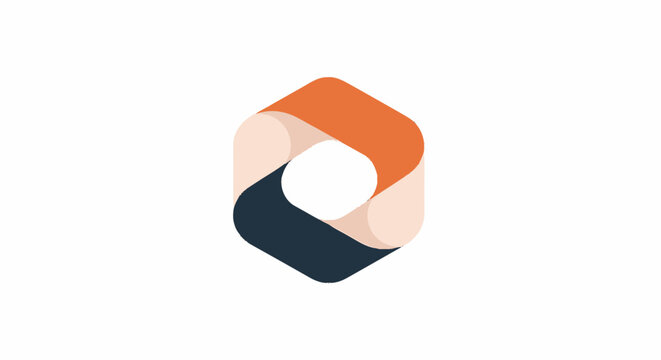 Modern geometric hexagon logo icon with orange and blue ribbon loop design.