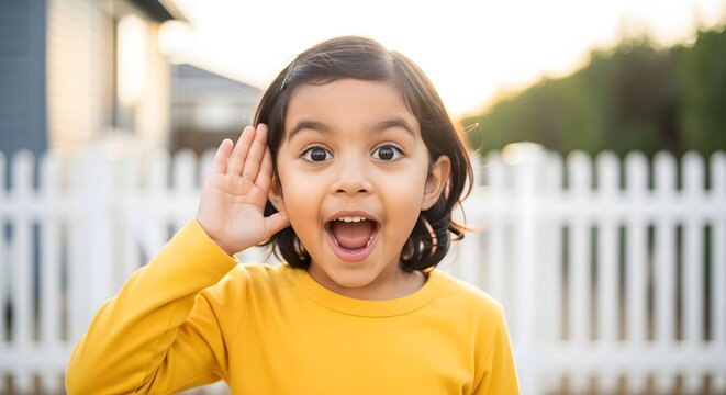 Young girl listening intently hand cupped to ear outdoor portrait