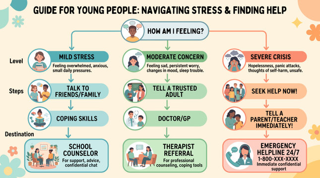 Decision tree diagram showing mental health pathways for young people in a flat vector style