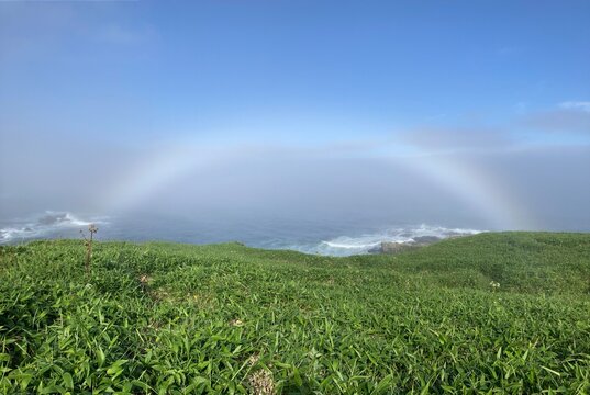 Rare fogbow over the Pacific coast and green grassland in Nemuro, Hokkaido, Japan