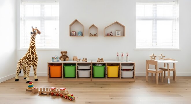 Bright modern children's playroom with wooden toys and storage