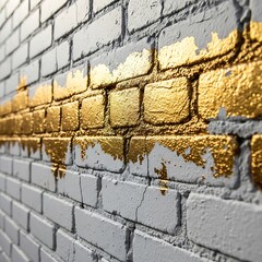 Obraz premium Textured Gray Brick Wall with Metallic Gold Paint Stripe in Close Up Urban Detail