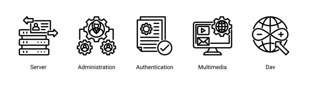 Media Hosting icon set vector illustration featuring multimedia servers,user authentication,and digital hosting concepts.