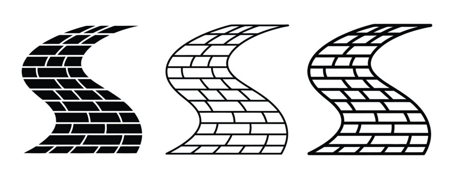 Set of three curved brick road path icons with different fill and outline styles