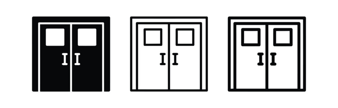 Set of double doors icons with square glass windows in black and white line style