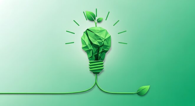 Eco friendly light bulb with green leaves and cord
