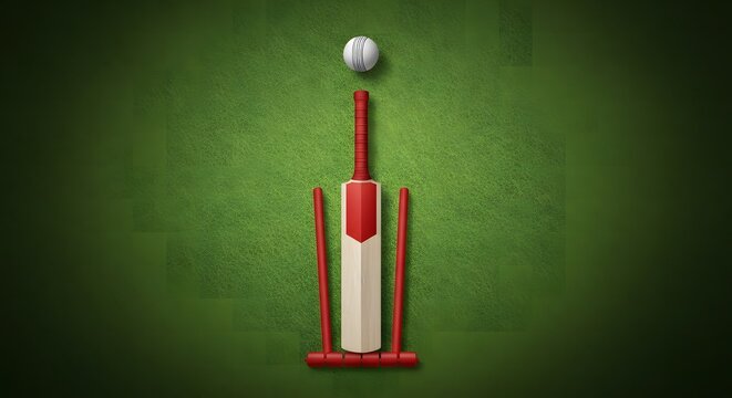 Cricket equipment still life bat wickets and ball on green field