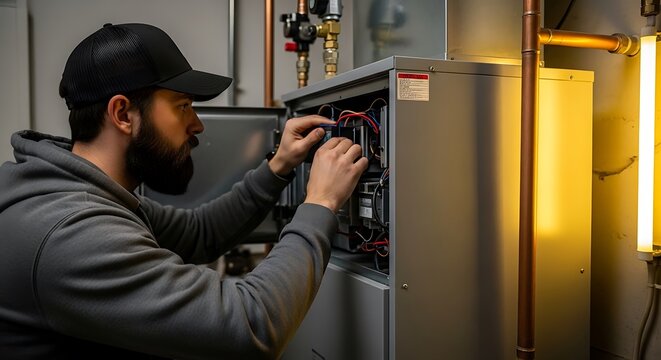 A technician in a cap works on electrical components of machinery in an interior setting