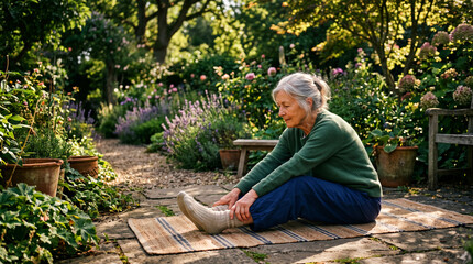 Fototapeta premium Senior woman stretching on a garden patio