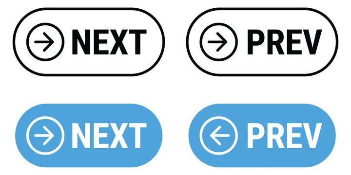 Navigation button styles comparing next and previous actions with modern interface controls and clean vector design for user experience.