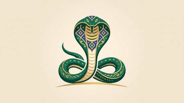 Minimalist Vector Illustration of Coiled King Cobra with Traditional Geometric Patterns for Nag Panchami Festival Greeting