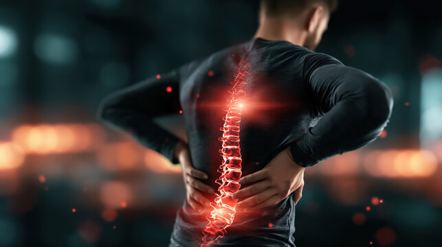 Man with back pain highlighted by glowing spine illustration, showing discomfort and injury in lower back area