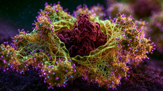 Microscopic view 3D illustration of a colony of vibrant mold or bacteria with green and purple colored cells.